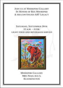 Mhiripiri Gallery event flyer, In Honor of Rex Mhiripiri, Saturday September 26th 11am to 4pm, featuring Rex's red elephant painting